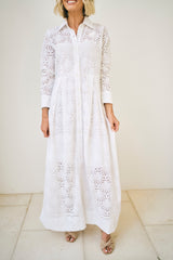 Birdie Eyelet Long Dress in White Eyelet