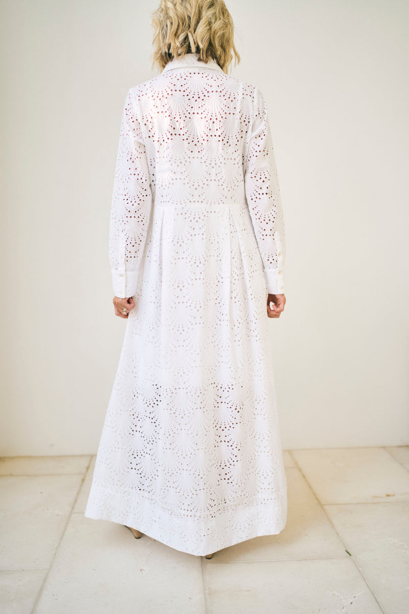 Birdie Eyelet Long Dress in White Eyelet