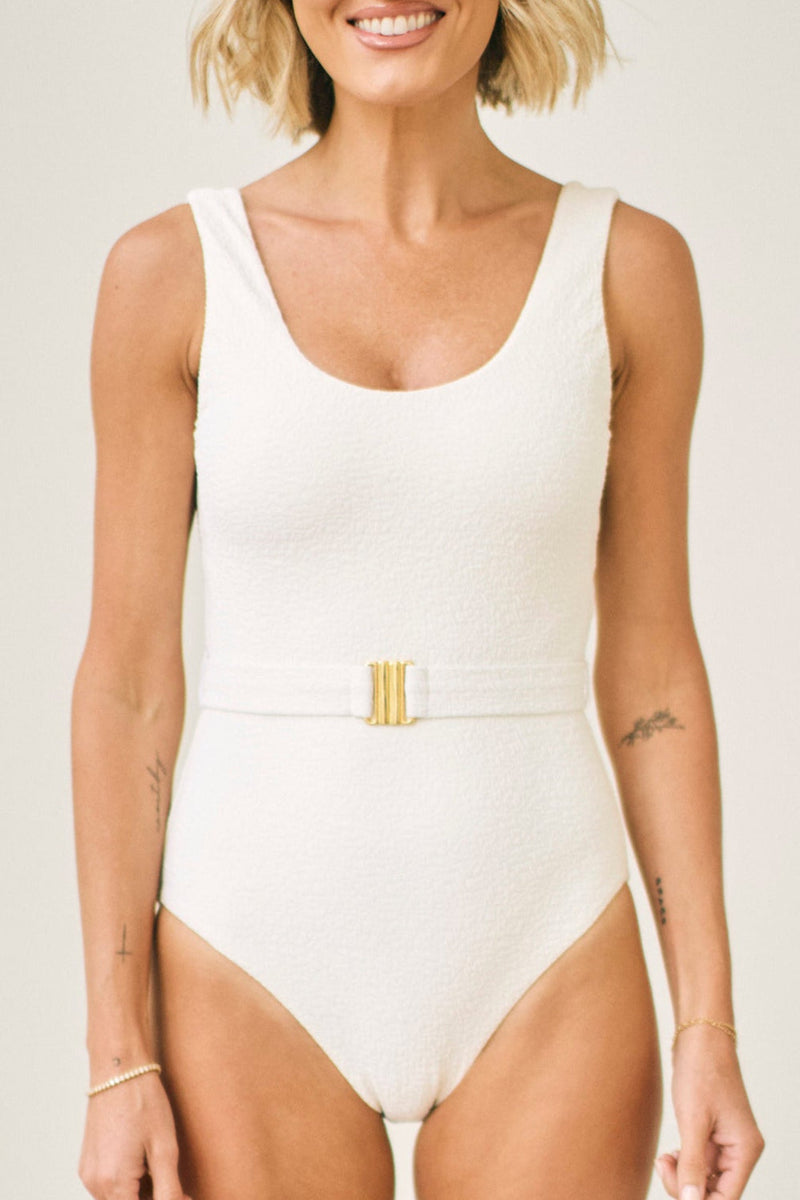 Joan Belted One-Piece Swimsuit in Cream Haze