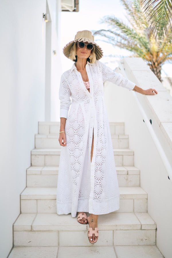 Birdie Eyelet Long Dress in White Eyelet