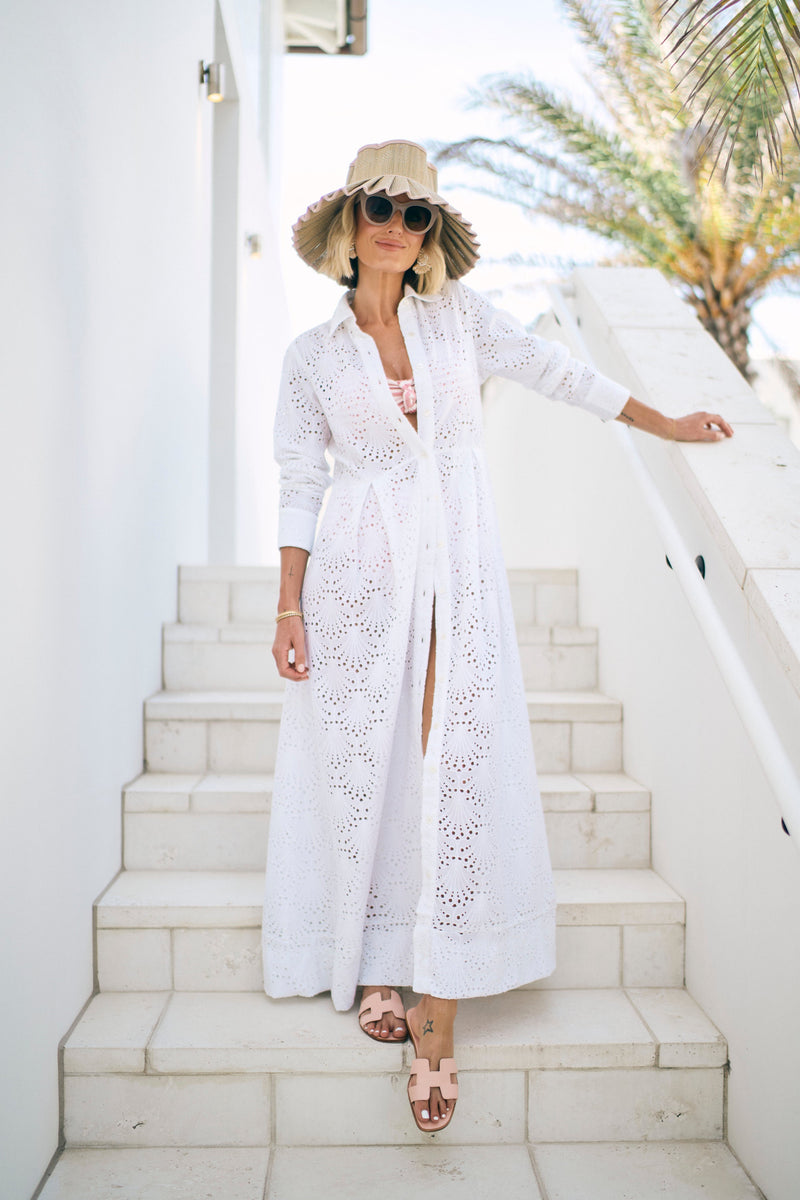 Birdie Eyelet Long Dress in White Eyelet