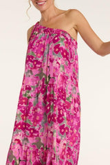 Joyce One-Shoulder Belted Tie Maxi Dress in Pink Ikat Floral