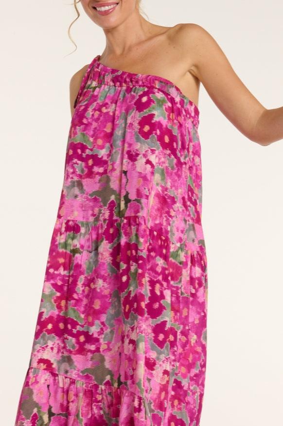 Joyce One-Shoulder Belted Tie Maxi Dress in Pink Ikat Floral