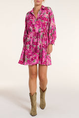 Rebecca Collared Tie Mini Dress in Pink Floral Ikat