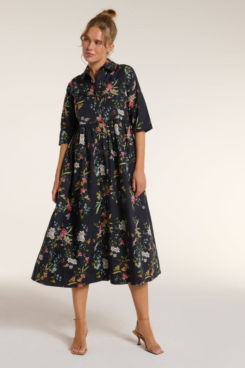 Francesca Collared Belted Maxi Dress in Black Floral