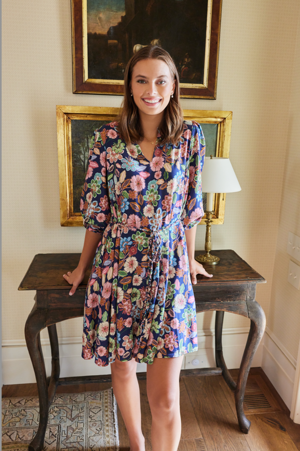 Gayle Belted Collard Mini Dress in Navy Floral