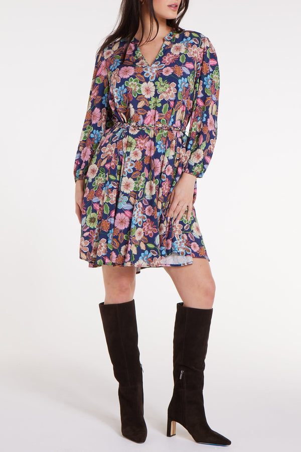 Gayle Belted Collard Mini Dress in Navy Floral