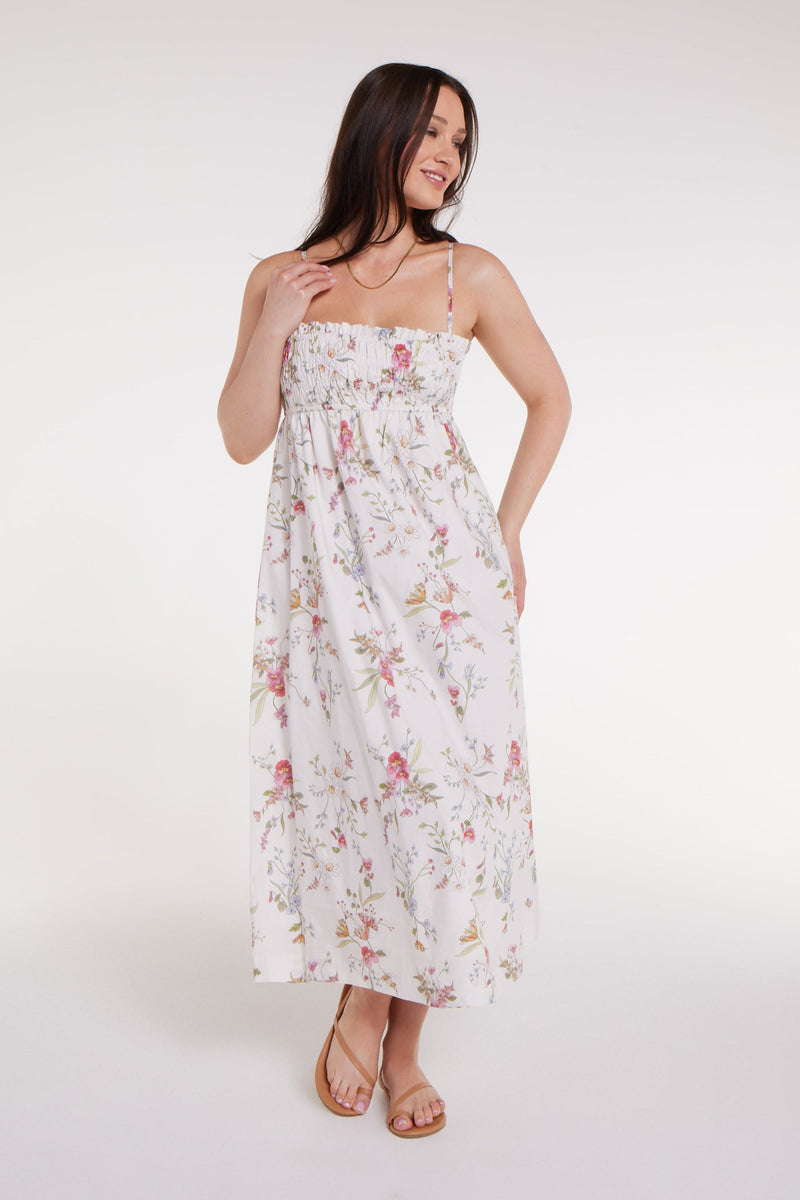 Margot Smocked Spaghetti Strap Midi Dress in White Floral