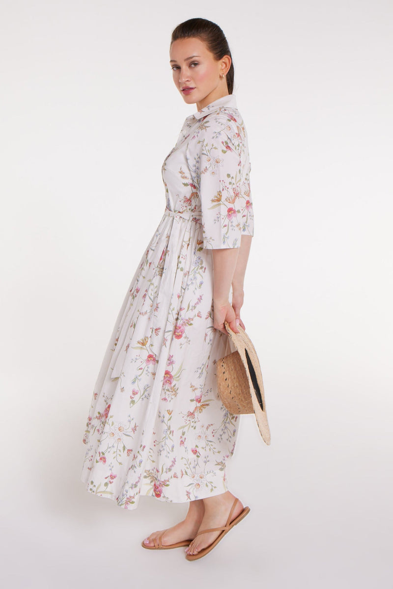 Francesca Collared Belted Maxi Dress in White Floral