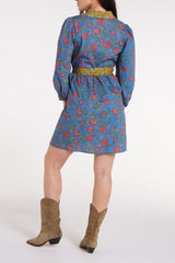 Halle Collared Belted Mini Dress in Blue Floral