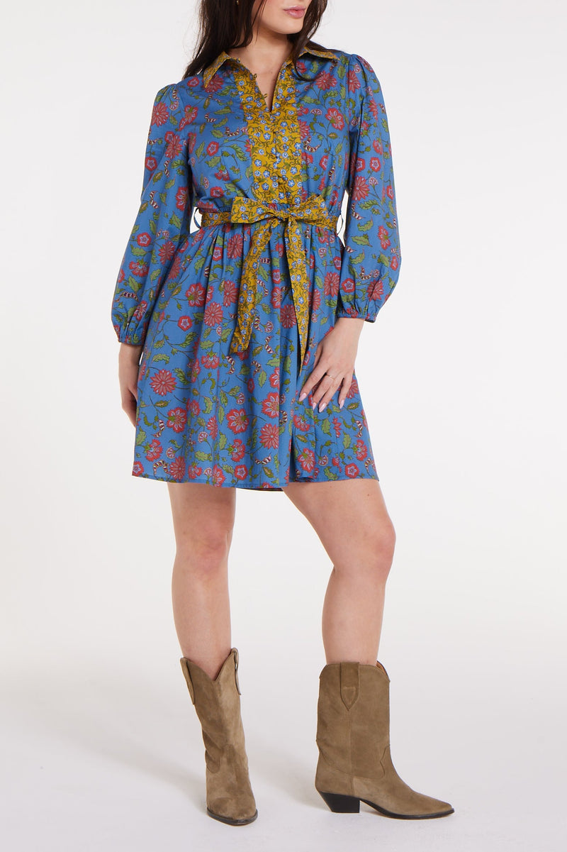 Halle Collared Belted Mini Dress in Blue Floral