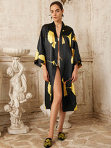 Yellow Ginkgo Leaf Print Black Kimono Robe