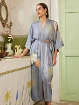 Gray Floral Gold-Print Long Kimono Robe