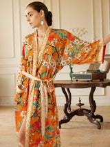 Vintage Orange Enamel Camellia Floral Kimono Robe with Pockets
