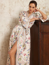 Beige Chinoiserie Floral Long Kimono Robe with Pockets