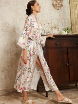 Beige Chinoiserie Floral Long Kimono Robe with Pockets