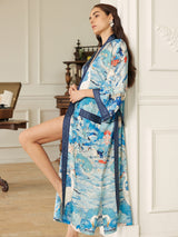Graceful Lotus & Crane Kimono Robe with Pockets