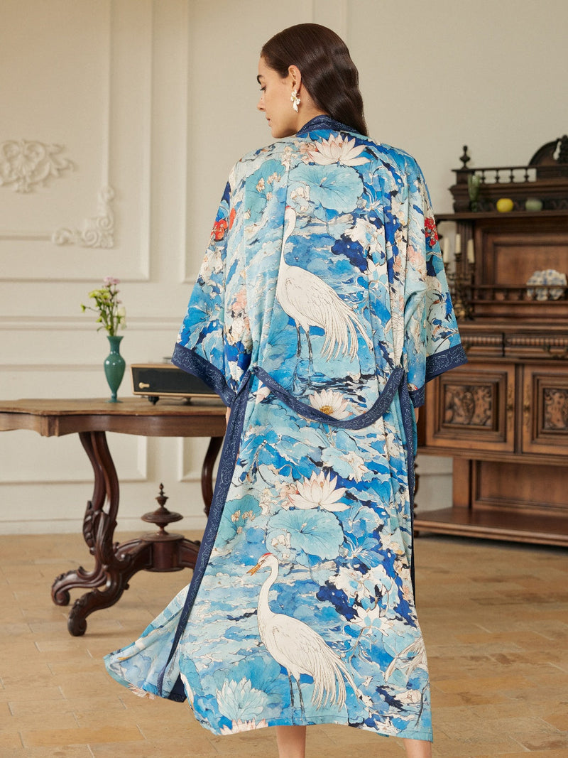 Graceful Lotus & Crane Kimono Robe with Pockets