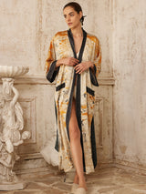 Elegant Yellow Crane & Lotus Kimono Robe with Pockets