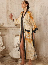 Elegant Yellow Crane & Lotus Kimono Robe with Pockets