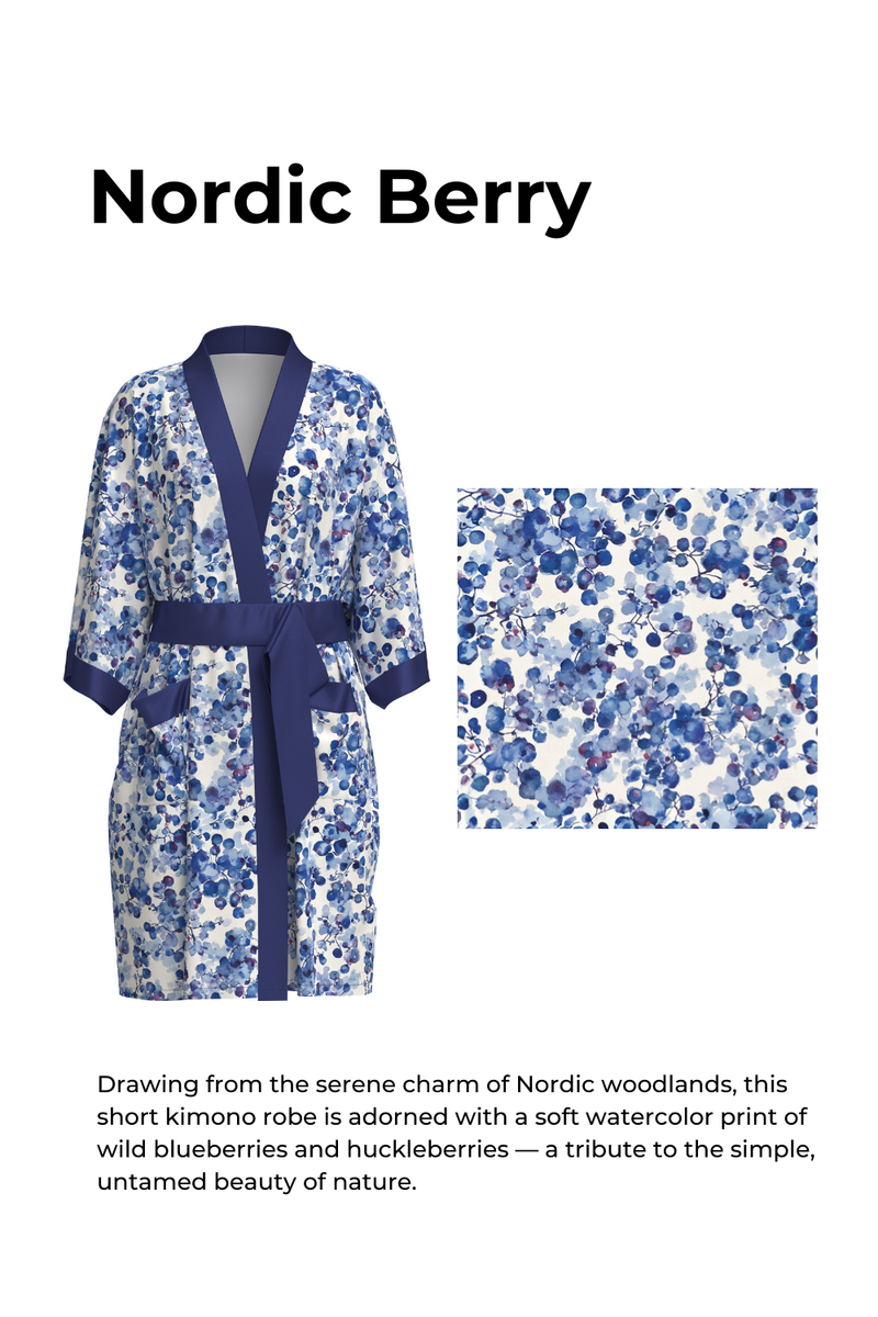 Nordic Berry Short Kimono Robe with Pockets