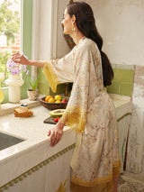 Gold Eastern Floral Vase Kimono Robe with Pockets