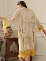 Gold Eastern Floral Vase Kimono Robe with Pockets