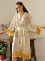 Gold Eastern Floral Vase Kimono Robe with Pockets