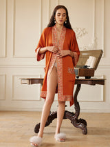Luxuriously Orange Embellished Flower Short Robe with Pockets