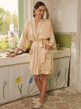 Champagne Gold Embellished Flower Short Robe with Pockets
