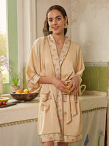 Champagne Gold Embellished Flower Short Robe with Pockets