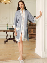 Light Blue Embellished Flower Short Robe with Pockets