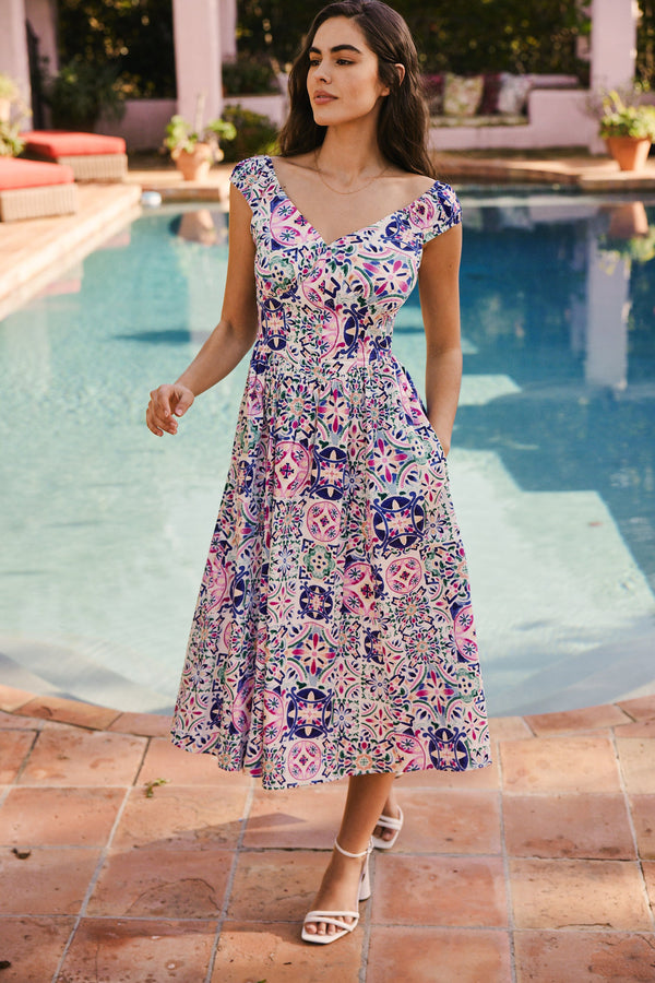 Valentina Sweetheart Midi Dress in Purple Tile FINAL SALE