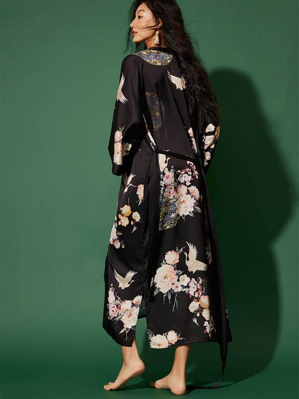 Garden Crane Black Kimono Robe