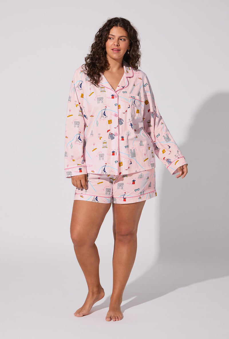 48 Hrs In Paris Long Sleeve Classic Stretch Jersey Short PJ Set
