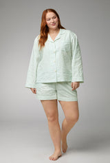 Mint 3D Stripe Long Sleeve Classic Woven Cotton Sateen Shorty PJ Set