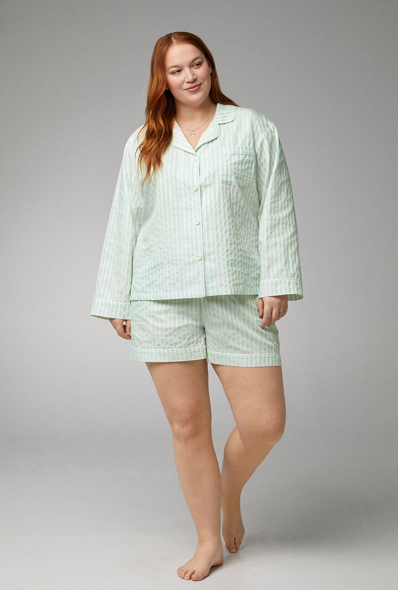 Mint 3D Stripe Long Sleeve Classic Woven Cotton Sateen Shorty PJ Set