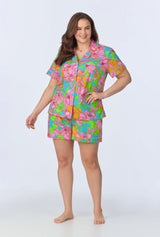 BedHead x Trina Turk Linear Floral Short Sleeve Classic Woven Cotton Poplin Shorty PJ Set