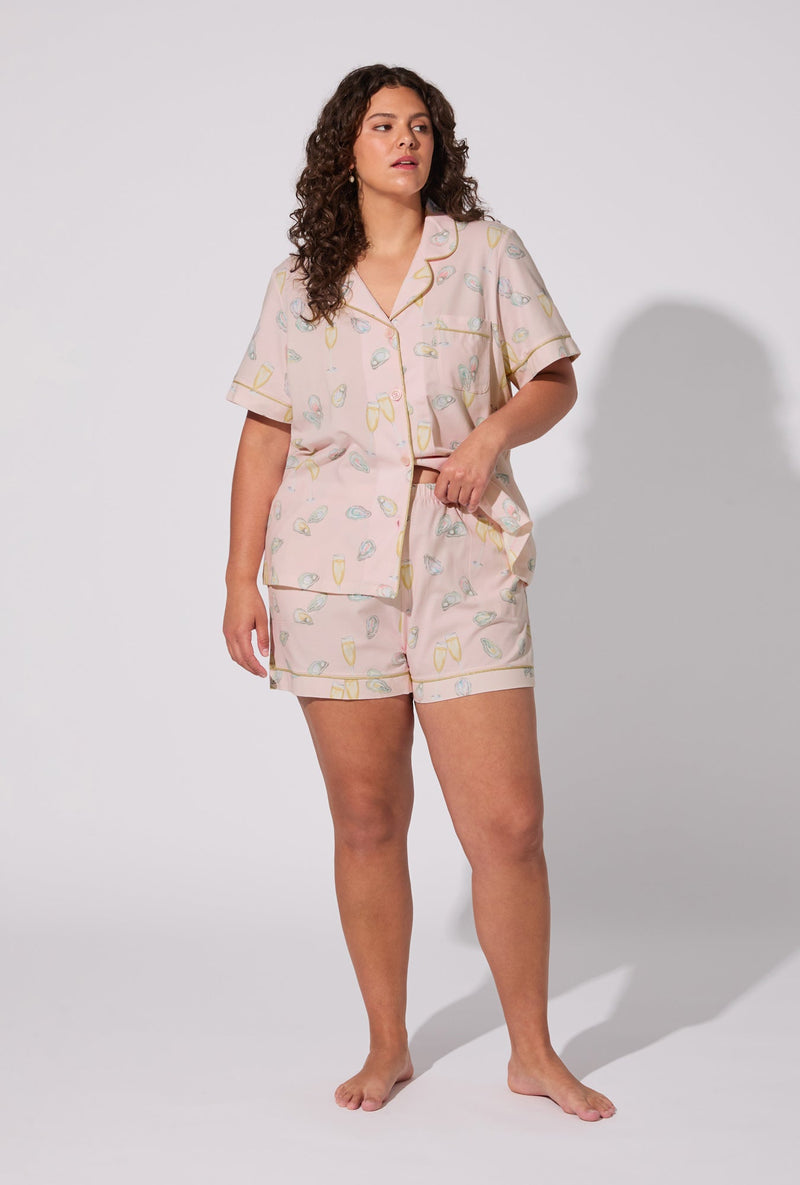 Oyster and Champagne Short Sleeve Classic Shorty Stretch Jersey PJ Set