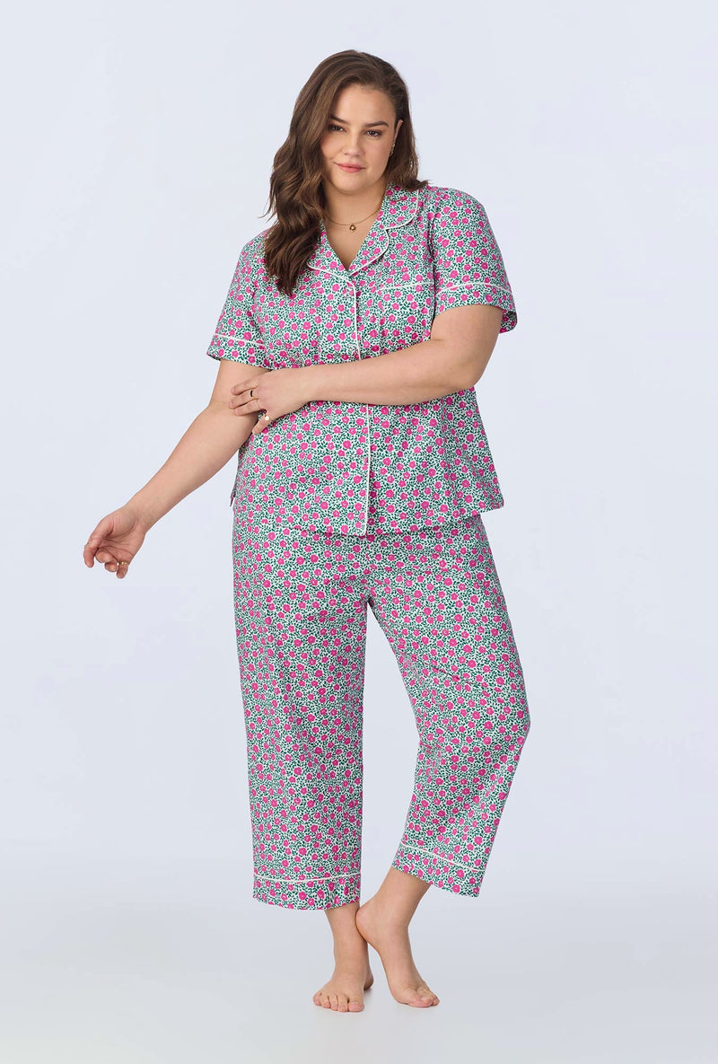 Petite Petunias Short Sleeve Classic Woven Cotton Poplin Cropped PJ Set