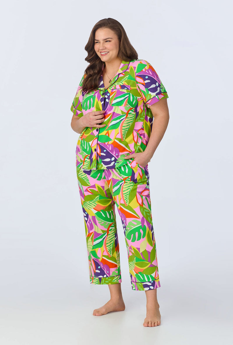 BedHead x Trina Turk Jungle Leaves Short Sleeve Classic Cropped Stretch Jersey PJ Set