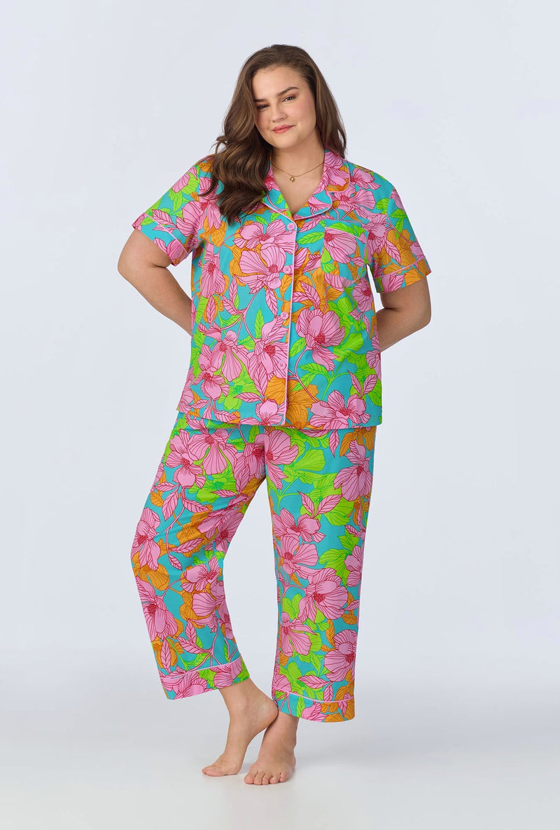BedHead x Trina Turk Linear Floral Short Sleeve Classic Cropped Woven Cotton Poplin PJ Set