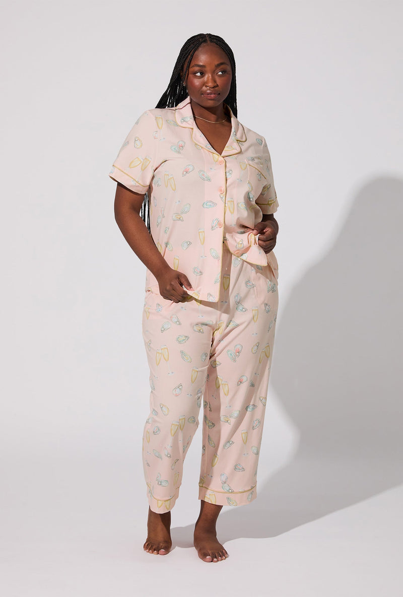 Oyster and Champagne Short Sleeve Classic Stretch Jersey Cropped PJ Set