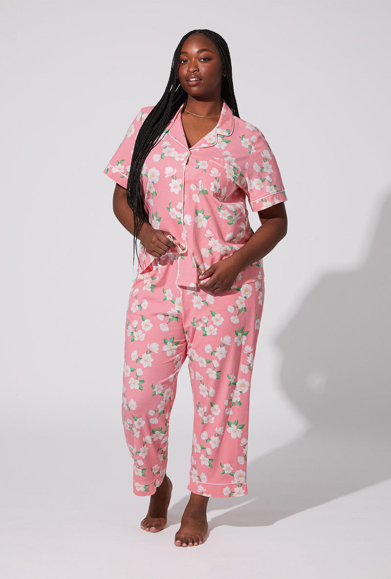 Pink Magnolias Short Sleeve Classic Stretch Jersey Cropped PJ Set