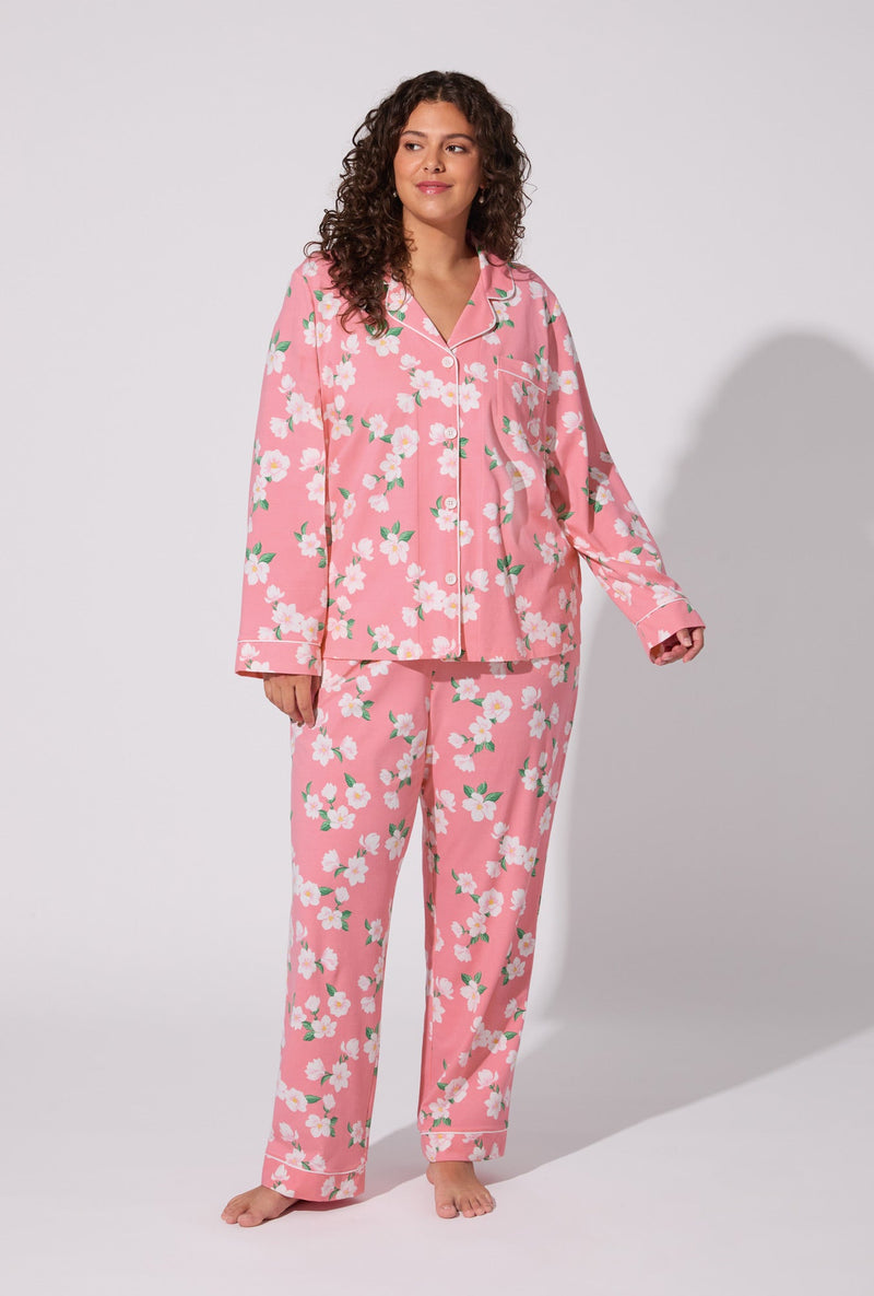 Pink Magnolias Long Sleeve Classic Stretch Jersey PJ Set