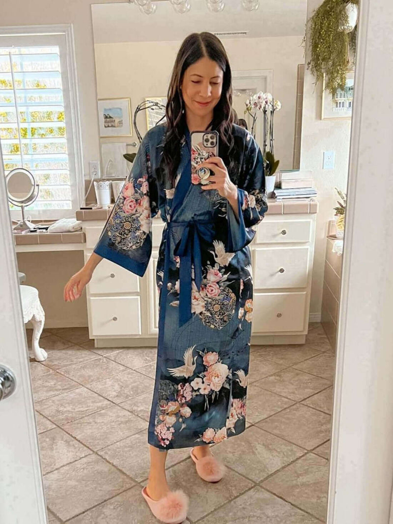 Garden Crane Blue Kimono Robe