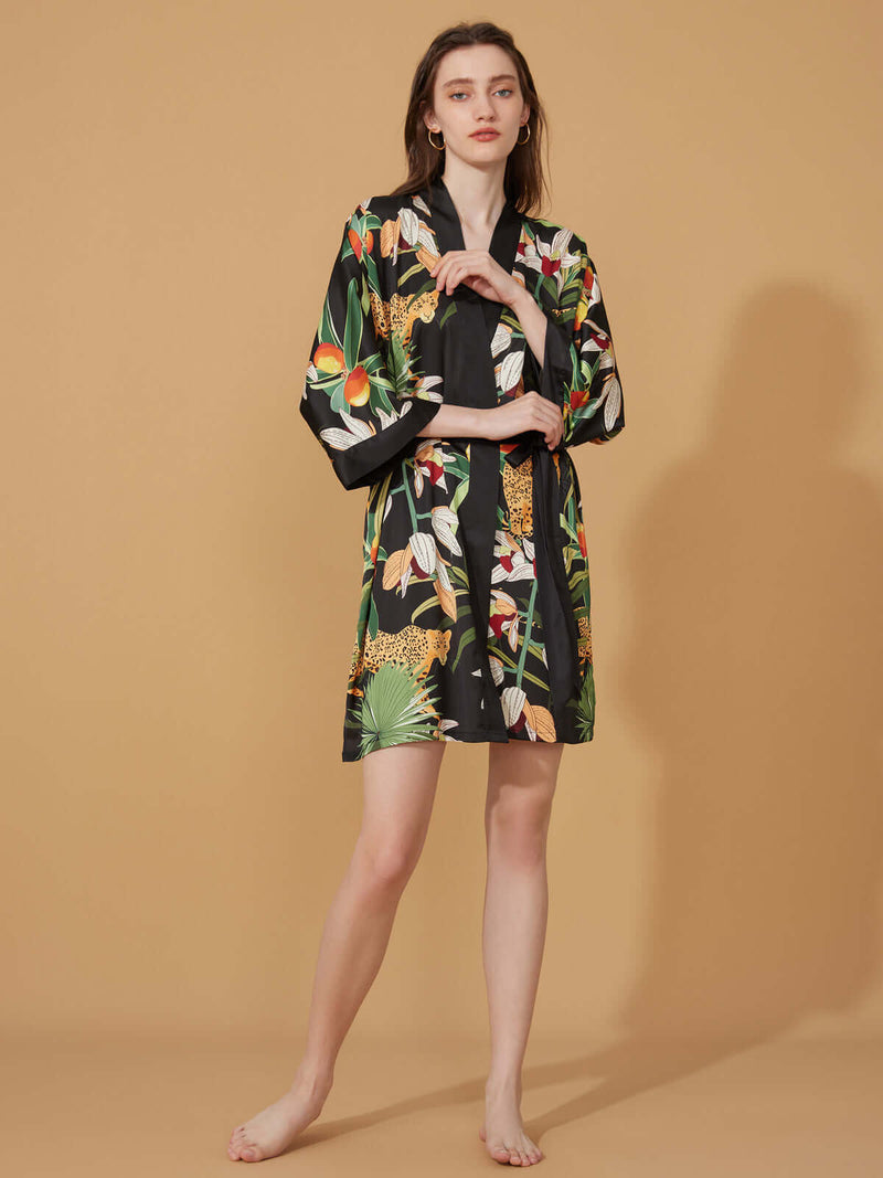 Short Kimono Robe Black Leopard
