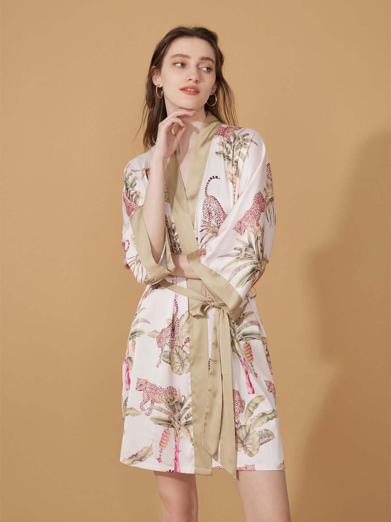 Short Kimono Robe Olive Leopard